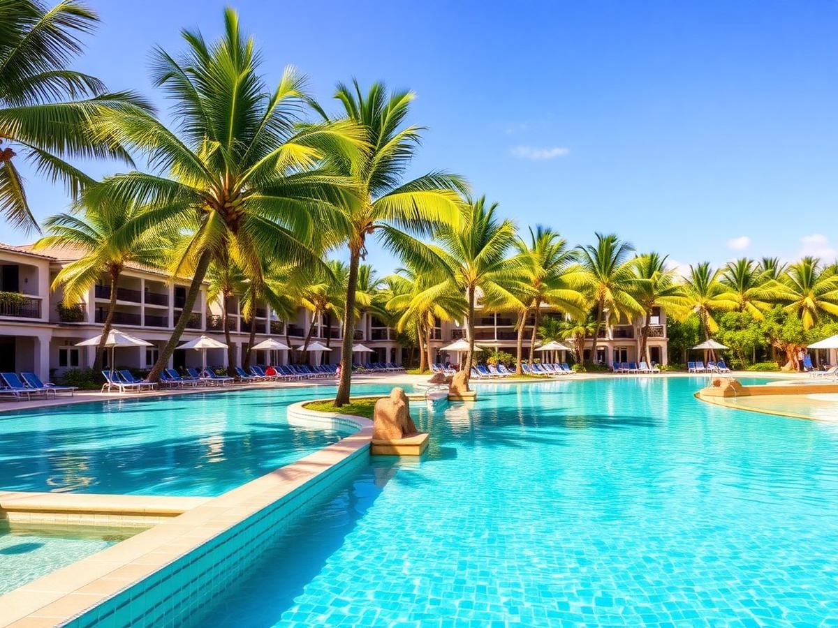 All-inclusive resort pool lined with palm trees