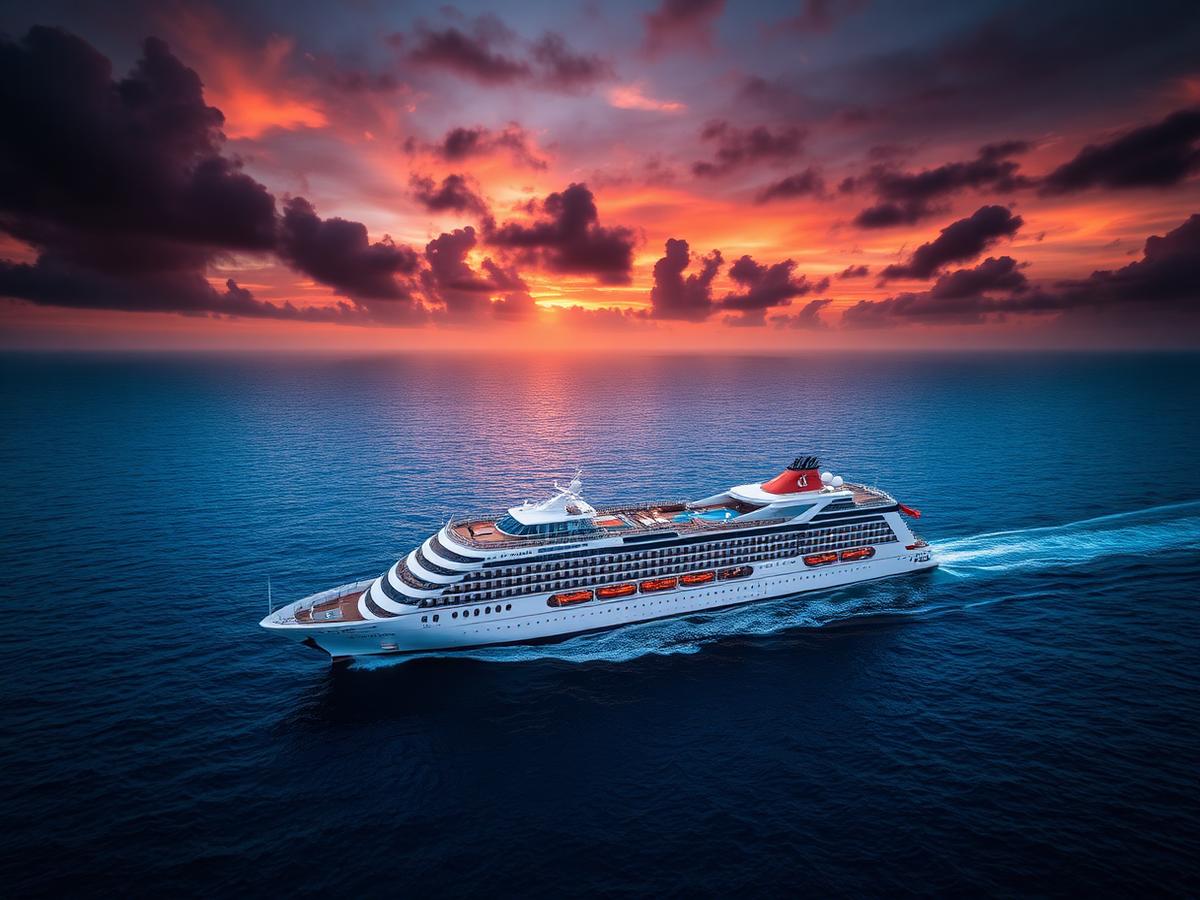 Cruise ship sailing at sunset